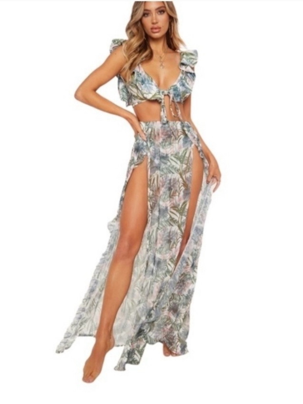 PrettyLittleThing Pale Khaki Leafy Frill Double Split Maxi Skirt Cover Up
